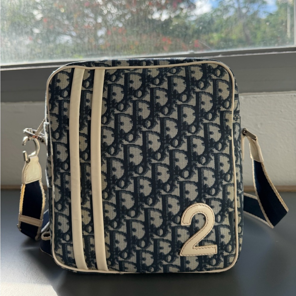Christian Dior Trotter Shoulder Bag Blue and White Monogram Canvas